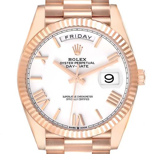 The Rolex President 228235 Men's Rose Gold White Dial 228235 Men's Rose Gold White Dial model is shown from the front, displaying the face, bezel, and part of the bracelet.