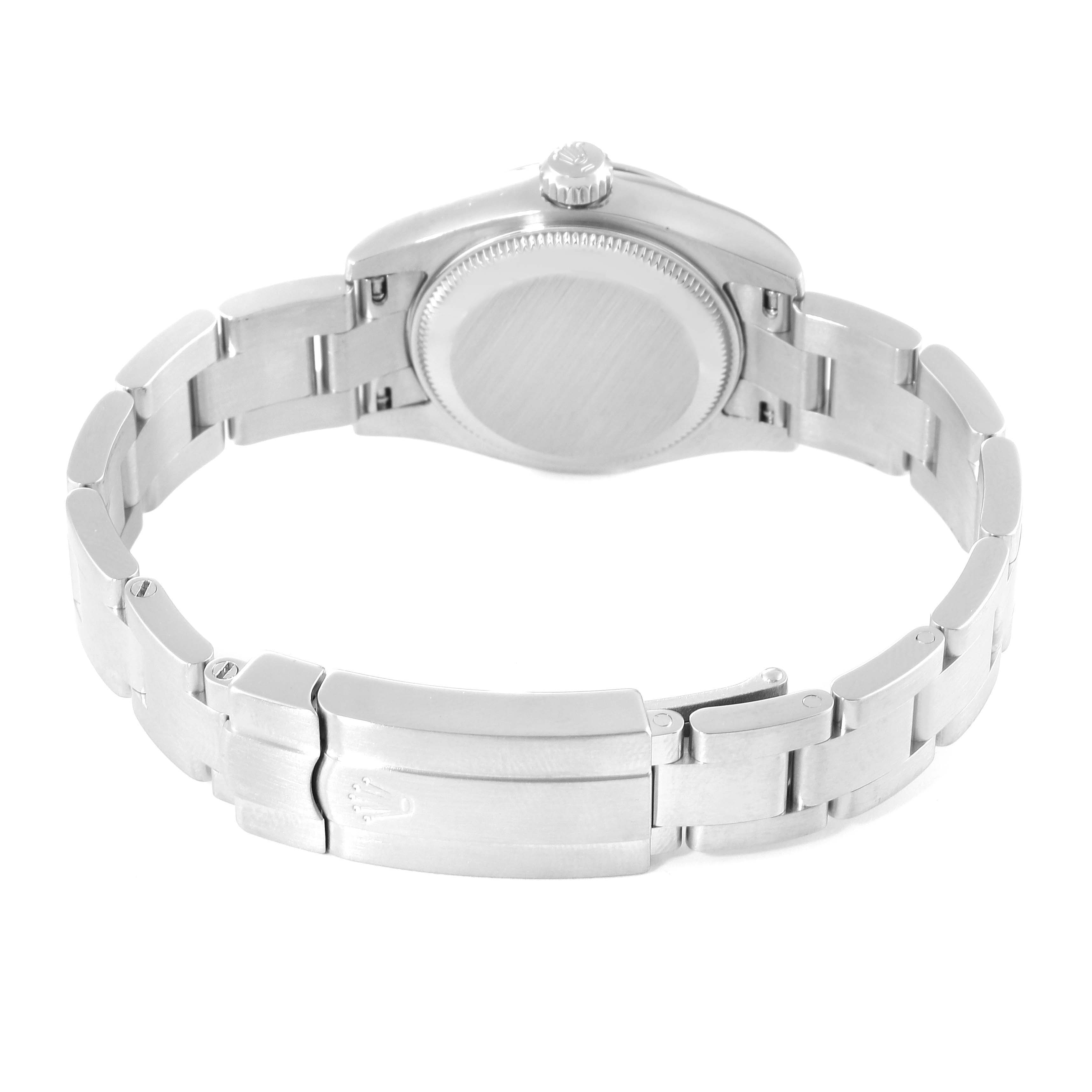 The image shows the back and bracelet of a Rolex Oyster Perpetual 176200 Women's Stainless Steel Silver Dial 176200 Women's Stainless Steel Silver Dial watch, featuring the clasp and case back.