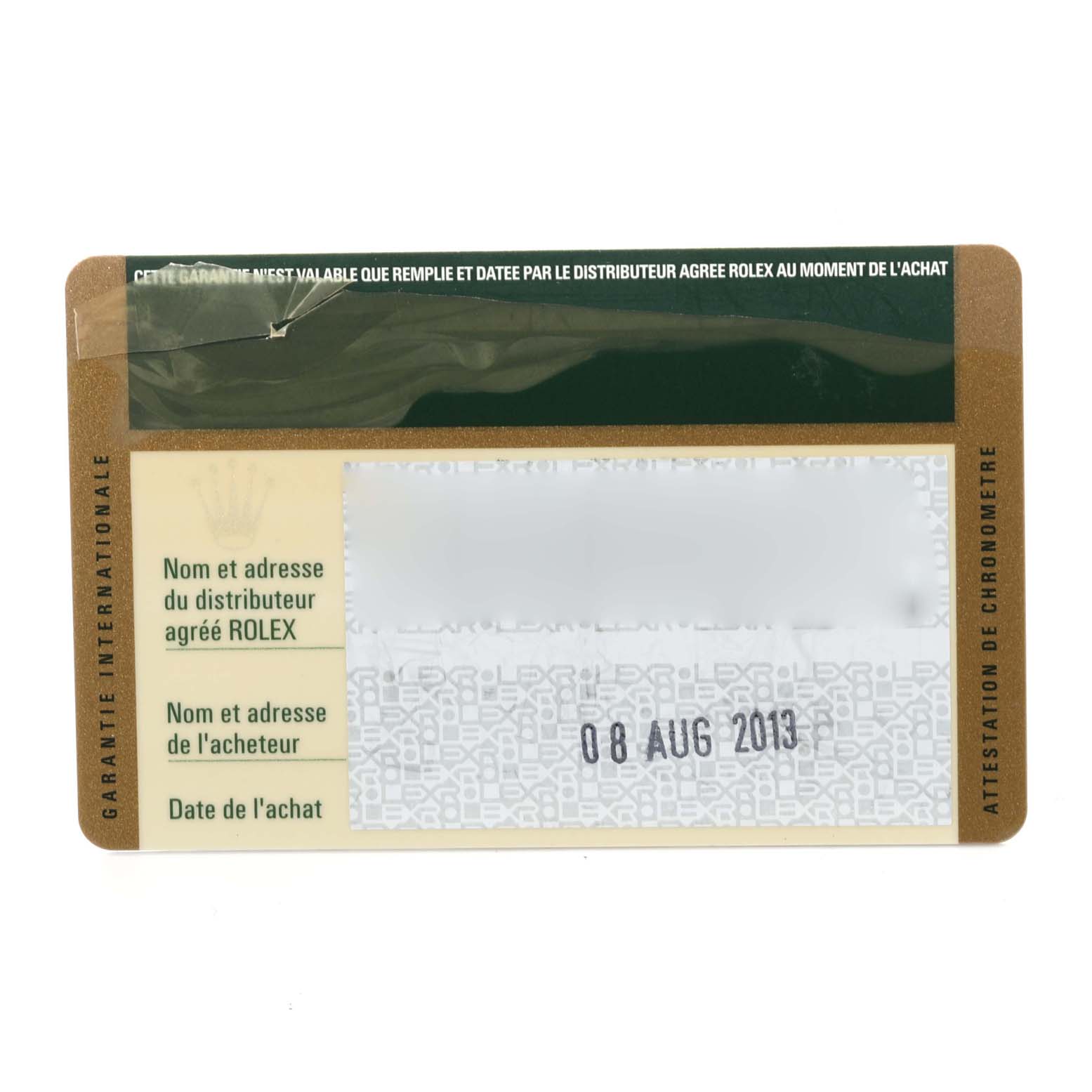 This image shows an international warranty card for a Rolex Oyster Perpetual 176200 Women's Stainless Steel Silver Dial 176200 Women's Stainless Steel Silver Dial watch, dated 08 Aug 2013.