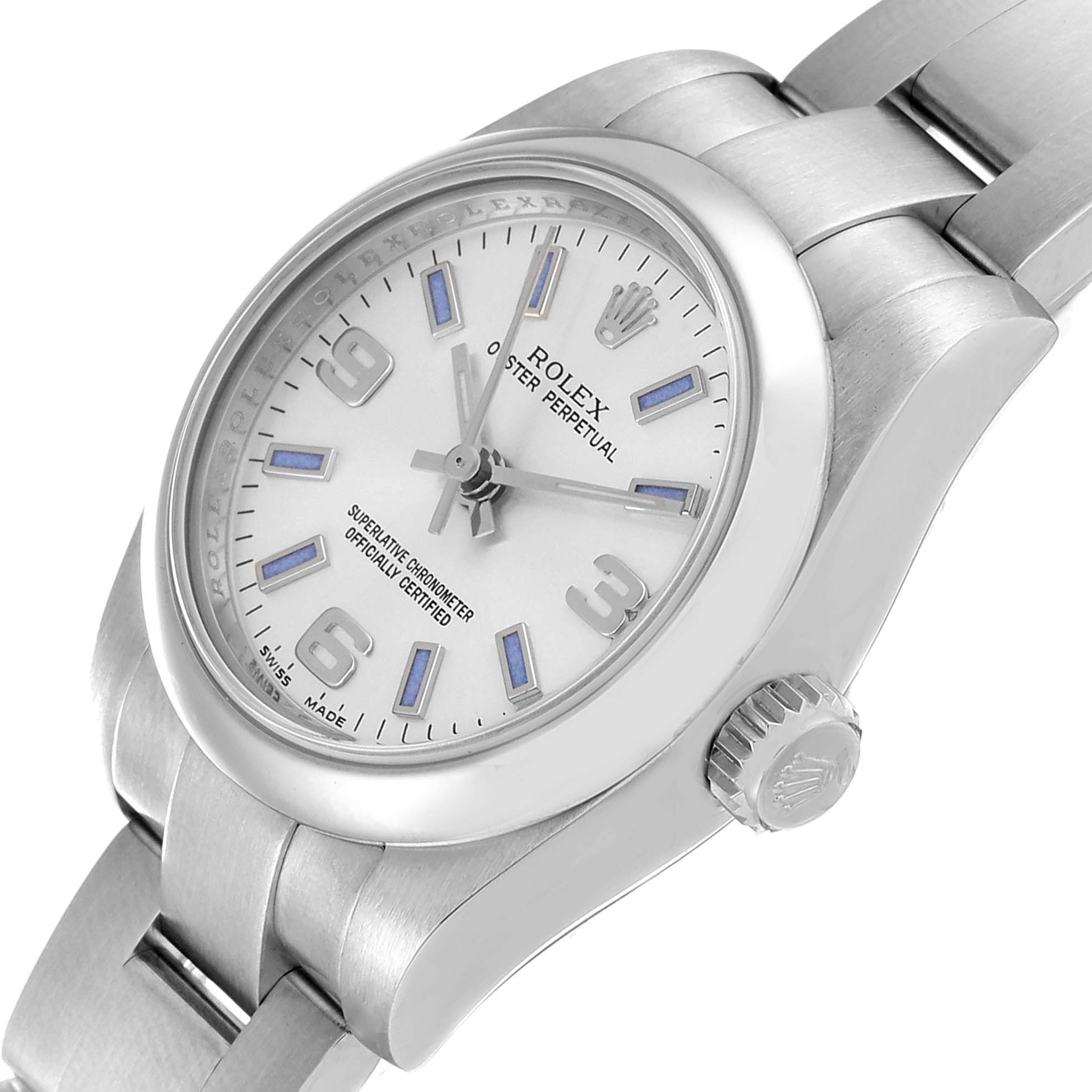 This Rolex Oyster Perpetual 176200 Women's Stainless Steel Silver Dial 176200 Women's Stainless Steel Silver Dial watch is shown at a slight angle highlighting the dial, crown, and part of the bracelet.