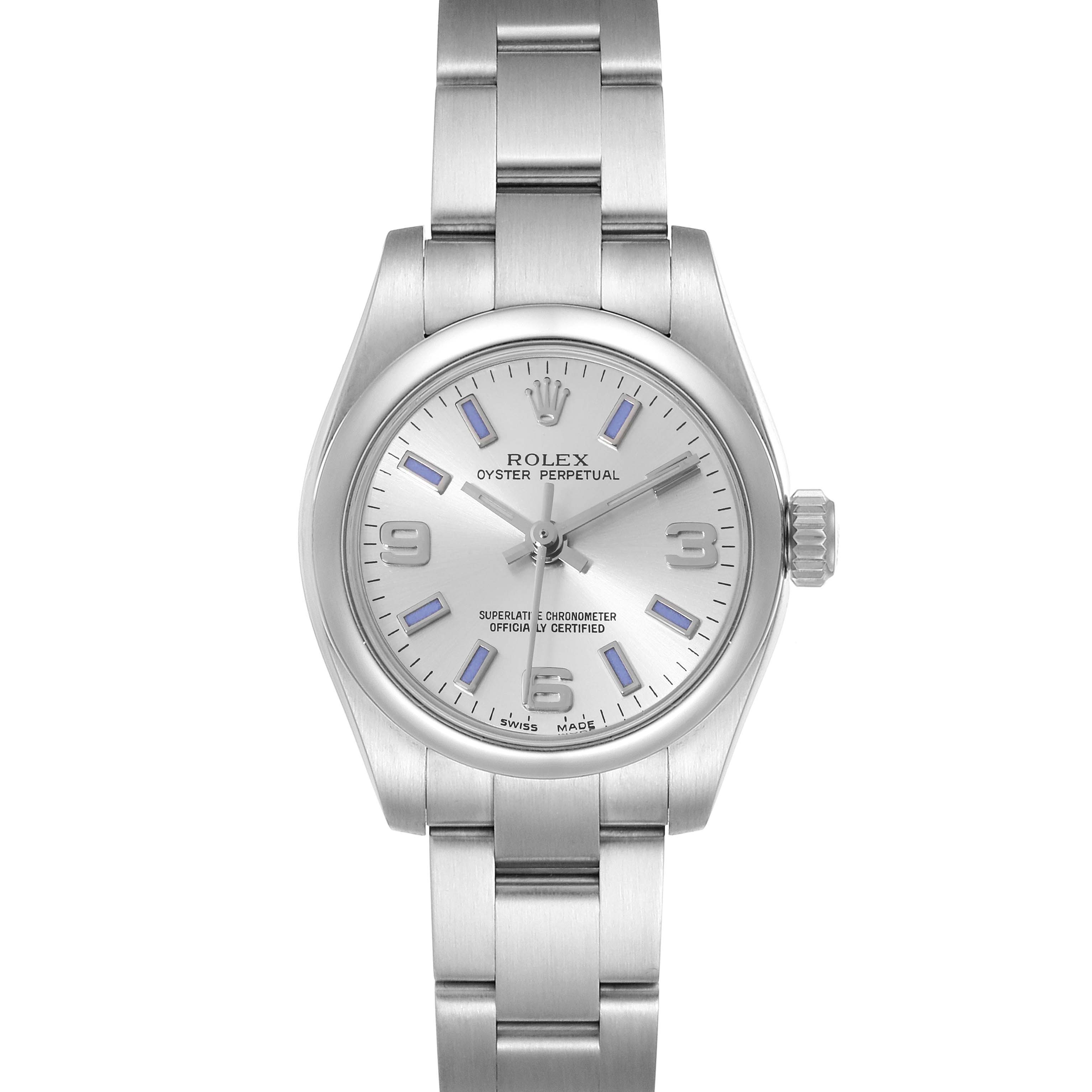 This image showcases a front view of a Rolex Oyster Perpetual 176200 Women's Stainless Steel Silver Dial 176200 Women's Stainless Steel Silver Dial watch, displaying the dial, bezel, and bracelet.