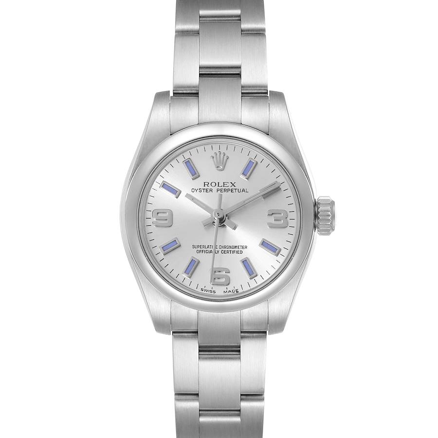This image showcases a front view of a Rolex Oyster Perpetual 176200 Women's Stainless Steel Silver Dial 176200 Women's Stainless Steel Silver Dial watch, displaying the dial, bezel, and bracelet.