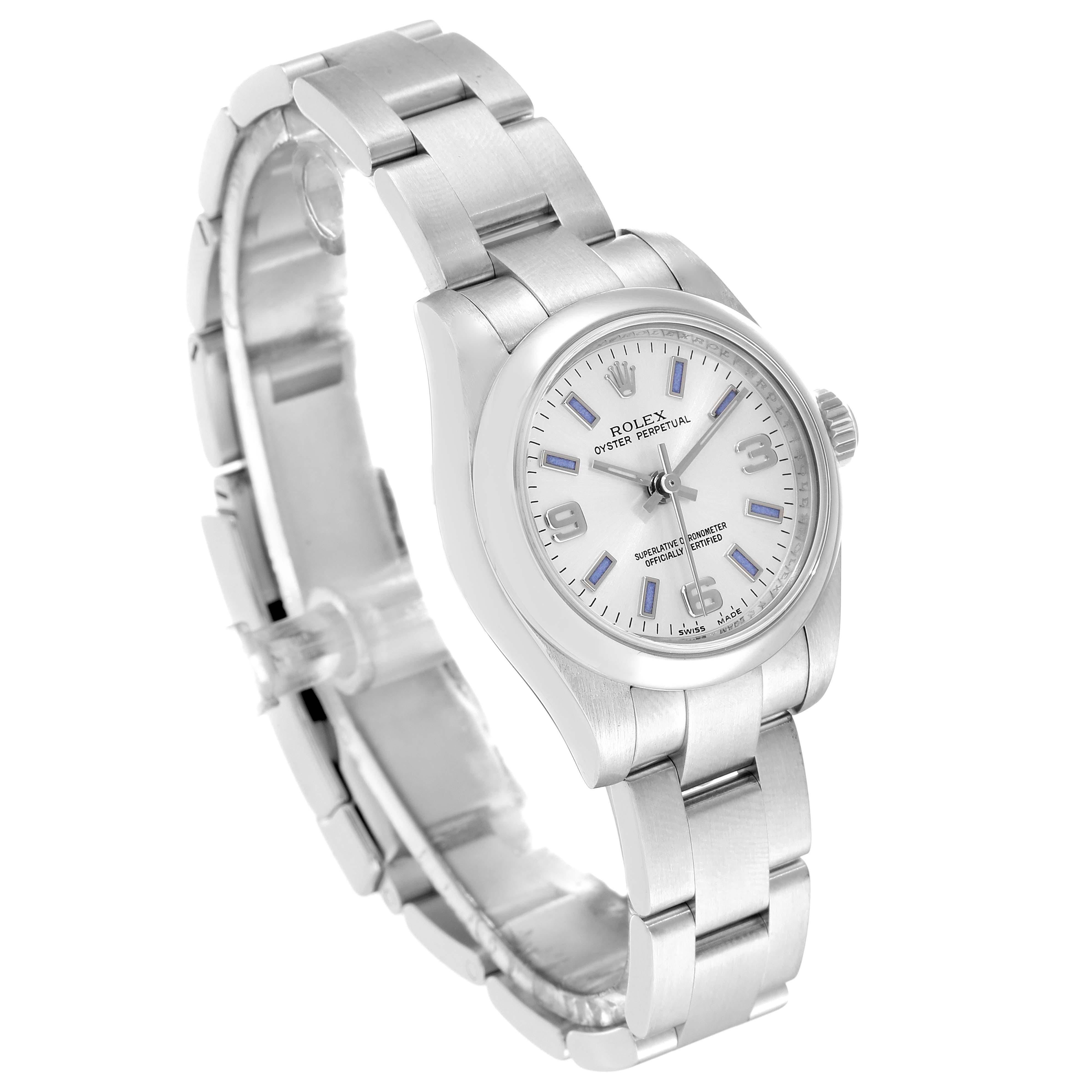 The Rolex Oyster Perpetual 176200 Women's Stainless Steel Silver Dial 176200 Women's Stainless Steel Silver Dial watch is shown at a slight angle, highlighting the face, bezel, and metal bracelet.
