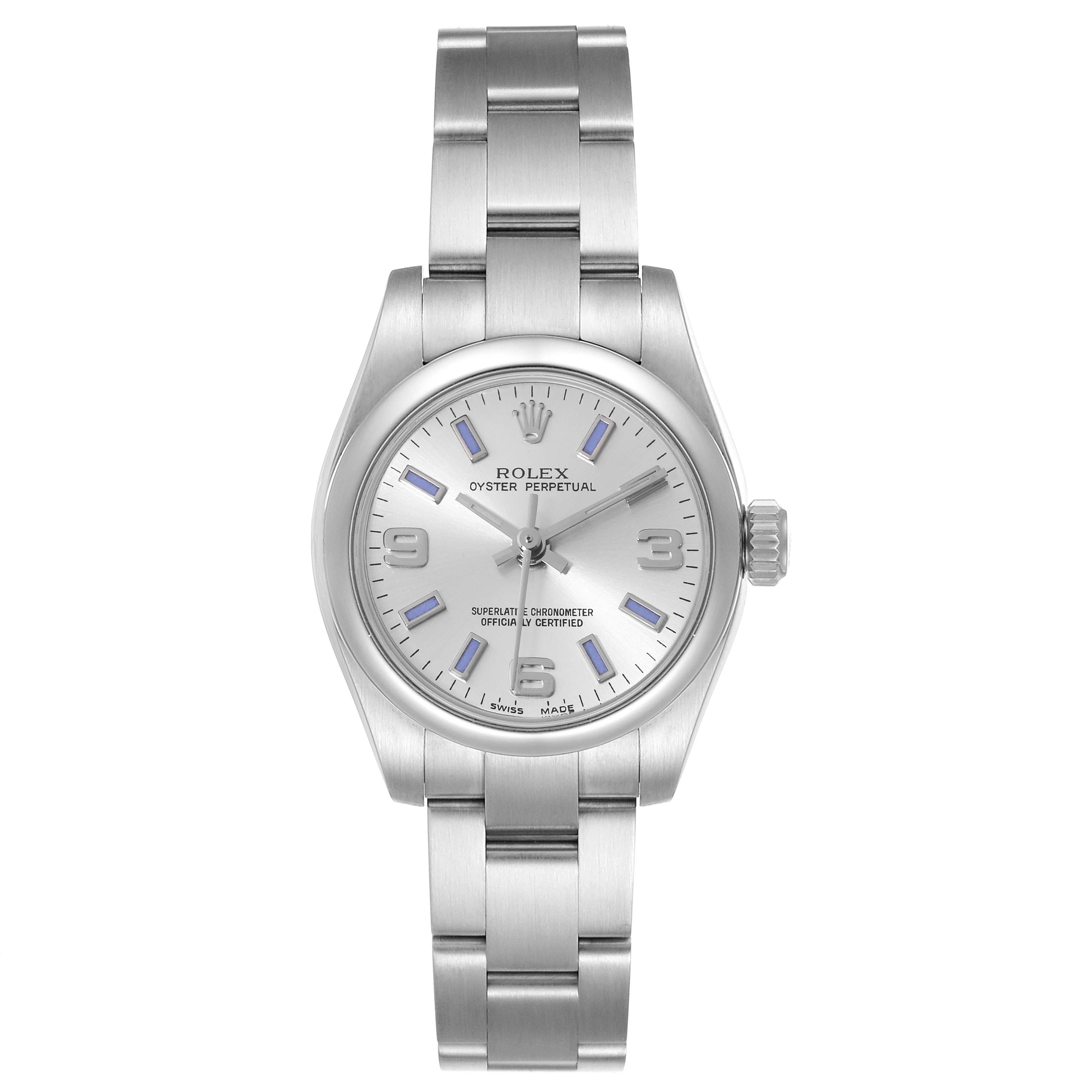 The image shows a front view of the Rolex Oyster Perpetual 176200 Women's Stainless Steel Silver Dial 176200 Women's Stainless Steel Silver Dial watch, displaying its dial, bezel, and bracelet.