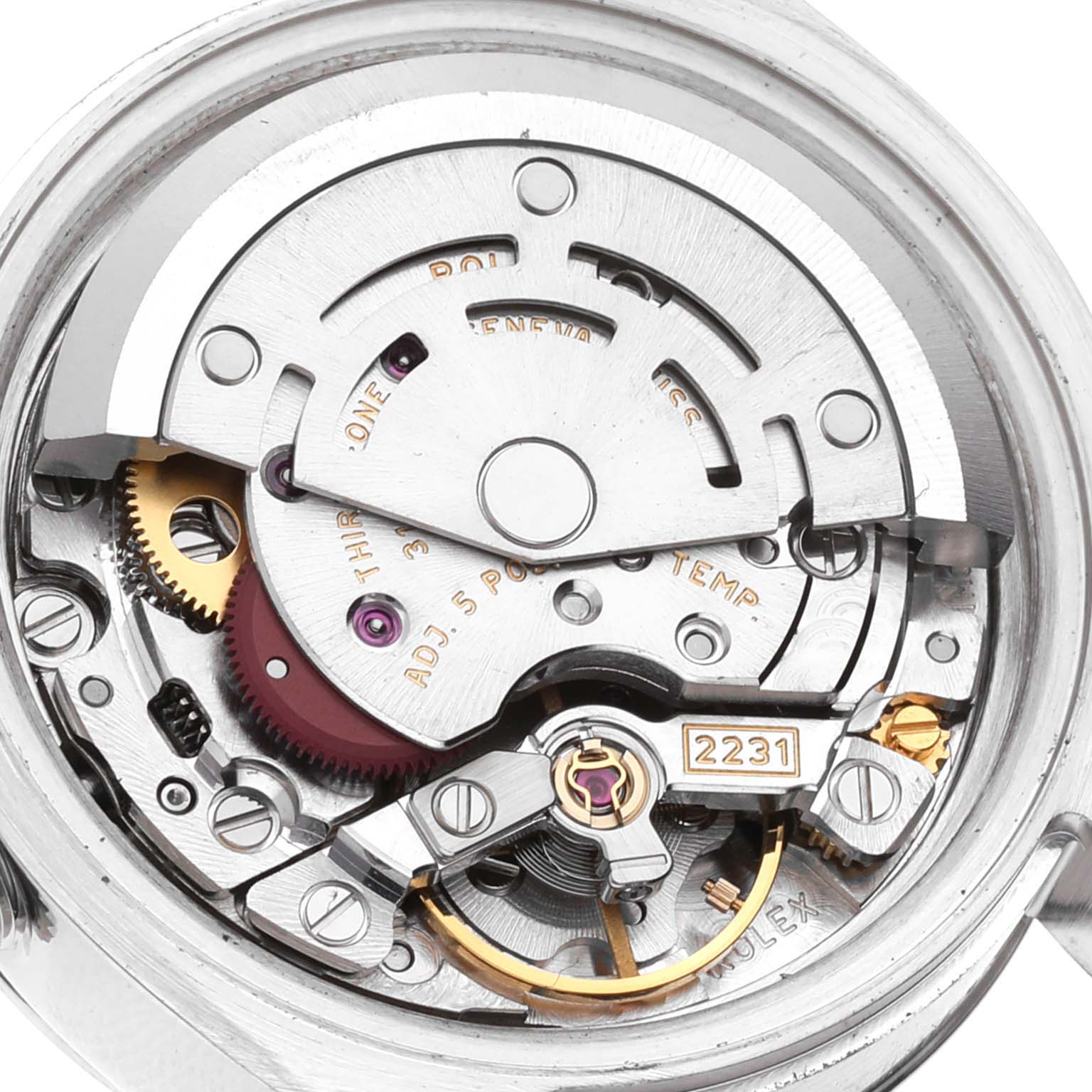 This image shows a detailed view of the internal movement mechanism of a Rolex Oyster Perpetual 176200 Women's Stainless Steel Silver Dial 176200 Women's Stainless Steel Silver Dial watch.