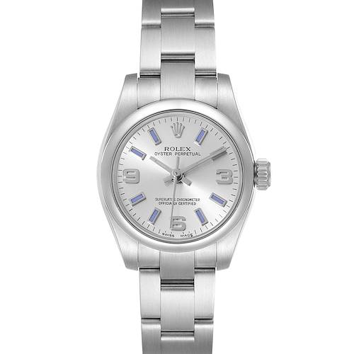The Rolex Oyster Perpetual 176200 Women's Stainless Steel Silver Dial 176200 Women's Stainless Steel Silver Dial watch is shown from a front angle, displaying the watch face, bracelet, and crown.