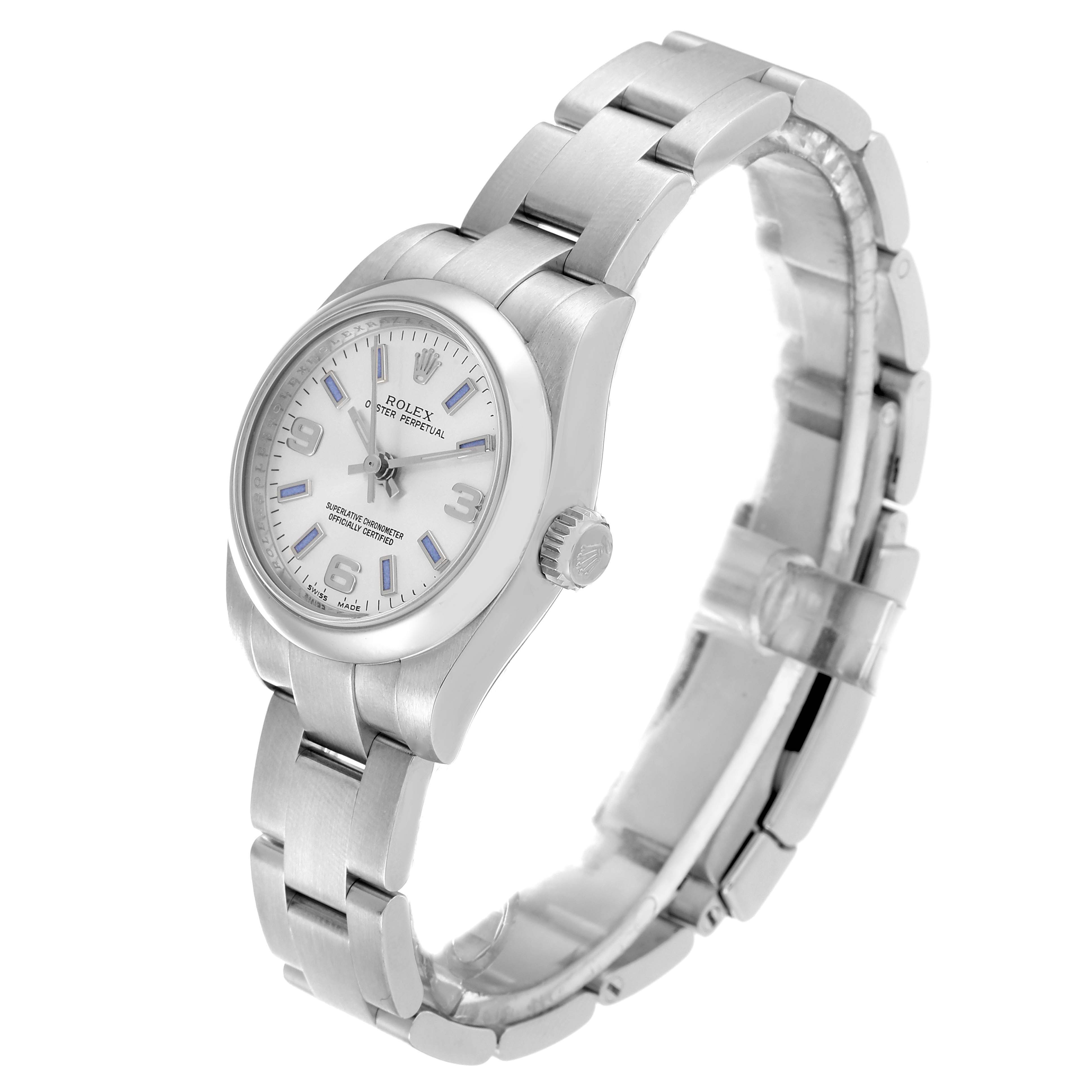 The Rolex Oyster Perpetual 176200 Women's Stainless Steel Silver Dial 176200 Women's Stainless Steel Silver Dial watch is shown at a slightly tilted side angle, displaying the watch face, bezel, crown, and bracelet.