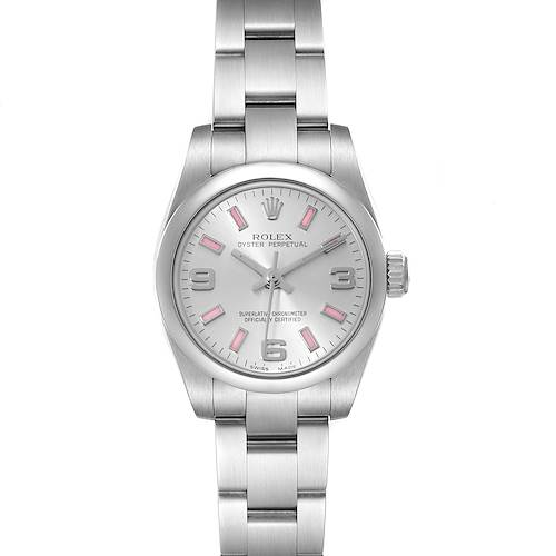 The image shows a front view of a Rolex Oyster Perpetual 176200 Women's Stainless Steel Silver Dial 176200 Women's Stainless Steel Silver Dial watch, displaying its dial, hands, crown, and metal bracelet.