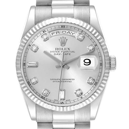 The Rolex President 118239A Men's White Gold Silver Dial 118239A Men's White Gold Silver Dial model is shown from the front, highlighting the dial, bezel, crown, and partial bracelet.