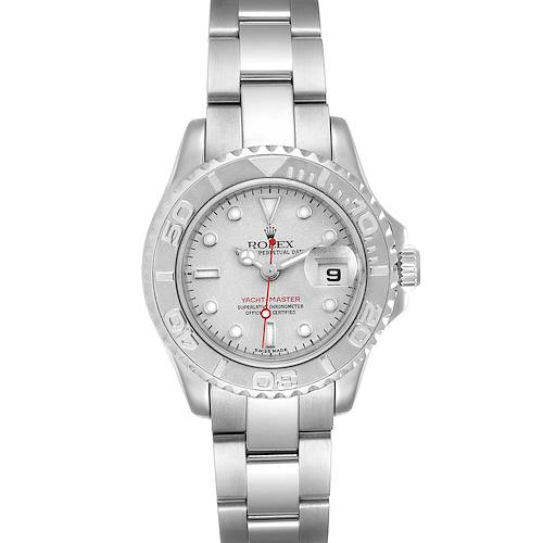 The image shows a front view of the Rolex Yacht-Master 169622 Women's Stainless Steel Silver Dial 169622 Women's Stainless Steel Silver Dial watch, highlighting its dial, bezel, bracelet, and date window.