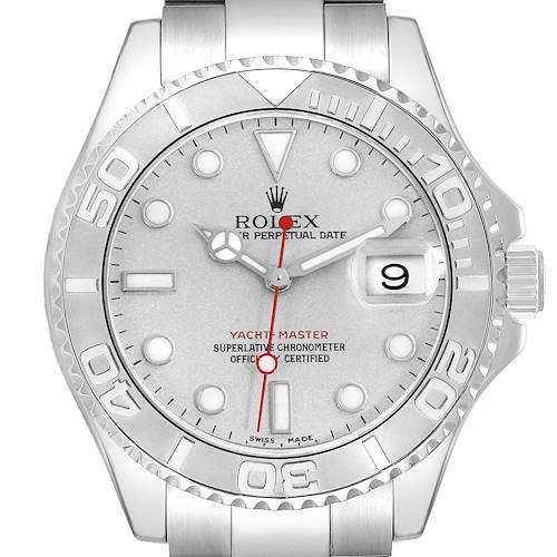 The image shows a frontal view of the Rolex Yacht-Master 16622 Men's Stainless Steel Silver Dial 16622 Men's Stainless Steel Silver Dial, highlighting the face, bezel, and crown.