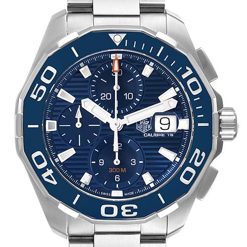 The image shows a front view of a Tag Heuer Aquaracer CAY211B.BA0927 Men's Stainless Steel Blue Dial CAY211B.BA0927 Men's Stainless Steel Blue Dial watch, highlighting its blue dial, date display, and stainless steel bracelet.