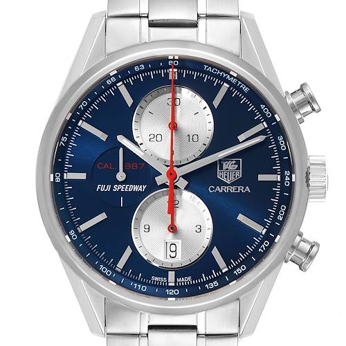 The image shows a front view of a Tag Heuer Carrera watch with a blue dial and silver sub-dials.
