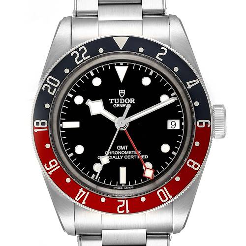 The image shows a close-up of the Tudor Heritage Black Bay 79830RB Men's Stainless Steel Black Dial 79830RB Men's Stainless Steel Black Dial watch, highlighting its dial, bezel, and part of the metal bracelet.