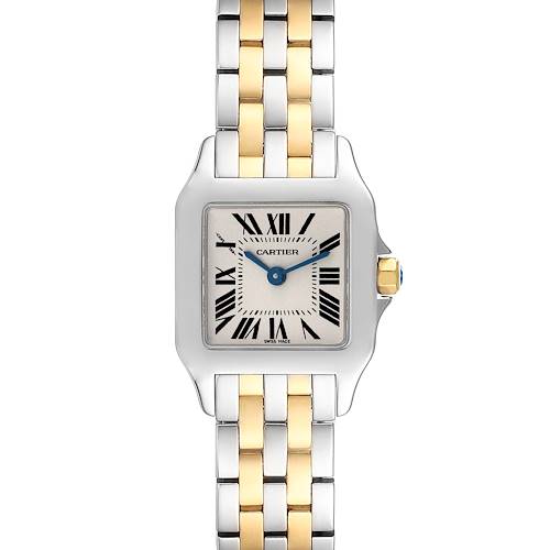 The Cartier Santos Demoiselle W25066Z6 Women's Steel and Gold (two tone) Silver Dial W25066Z6 Women's Steel and Gold (two tone) Silver Dial watch is shown from the front, highlighting its face and two-tone bracelet.