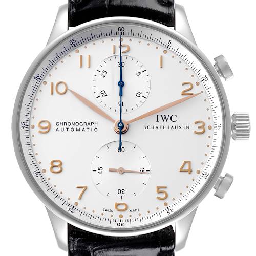 The image shows a full frontal view of the IWC Portuguese IW371401 Men's Stainless Steel Silver Dial IW371401 Men's Stainless Steel Silver Dial chronograph watch, displaying its face, hands, and crown.