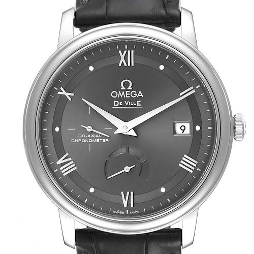 The image shows a front view of the Omega De Ville 424.13.40.21.06.001 Men's Stainless Steel Grey Dial 424.13.40.21.06.001 Men's Stainless Steel Grey Dial watch, highlighting its dial, hands, date window, and leather strap.