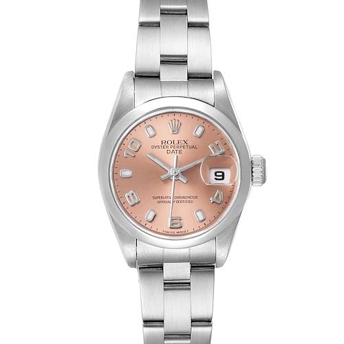 The image shows a front view of a Rolex Date 79160 Women's Stainless Steel Pink Dial 79160 Women's Stainless Steel Pink Dial model watch, highlighting the face, crown, and bracelet.