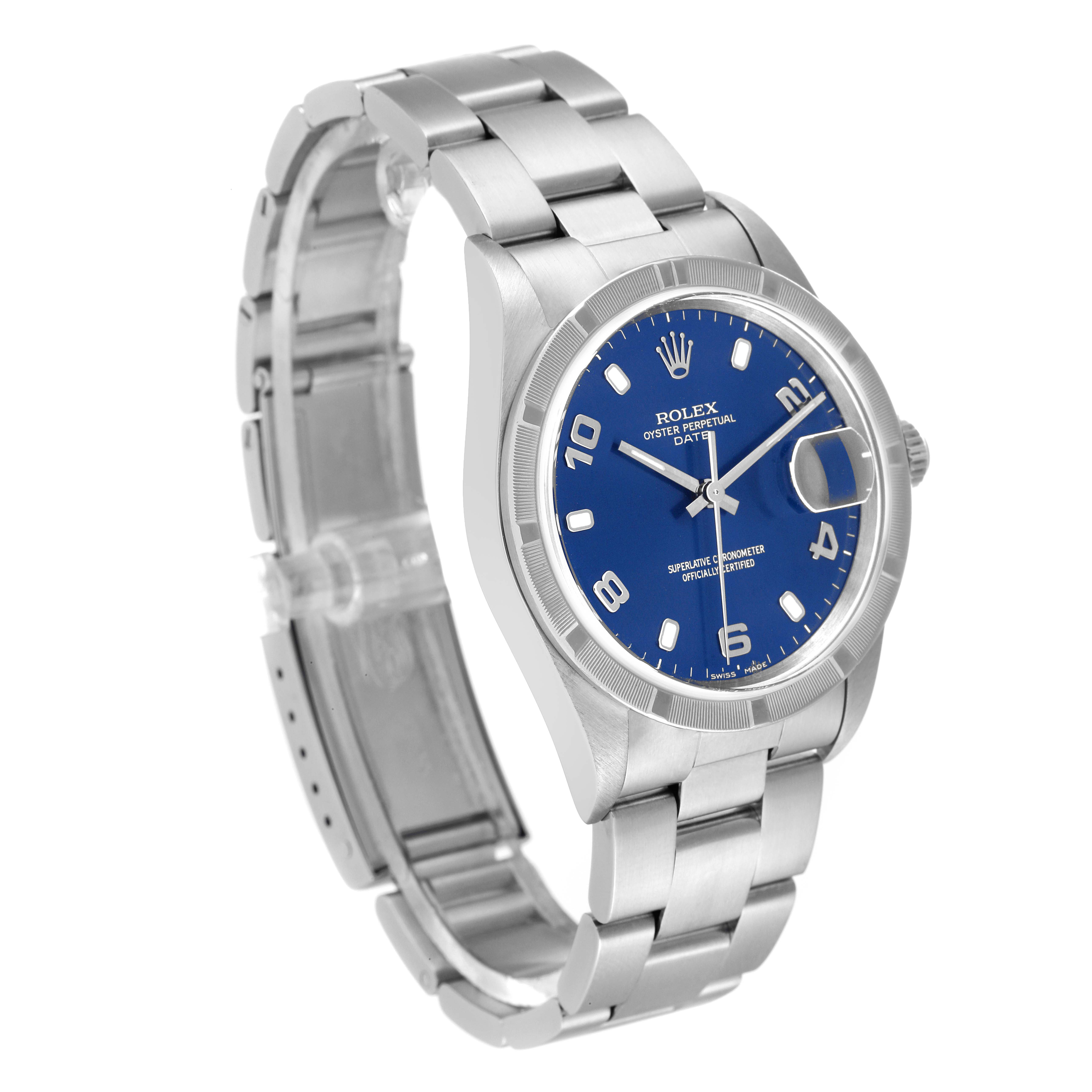 The image shows a Rolex Date 15210 Men's Stainless Steel Blue Dial 15210 Men's Stainless Steel Blue Dial model watch at an angle displaying the bracelet, case, blue dial, and date magnifier.