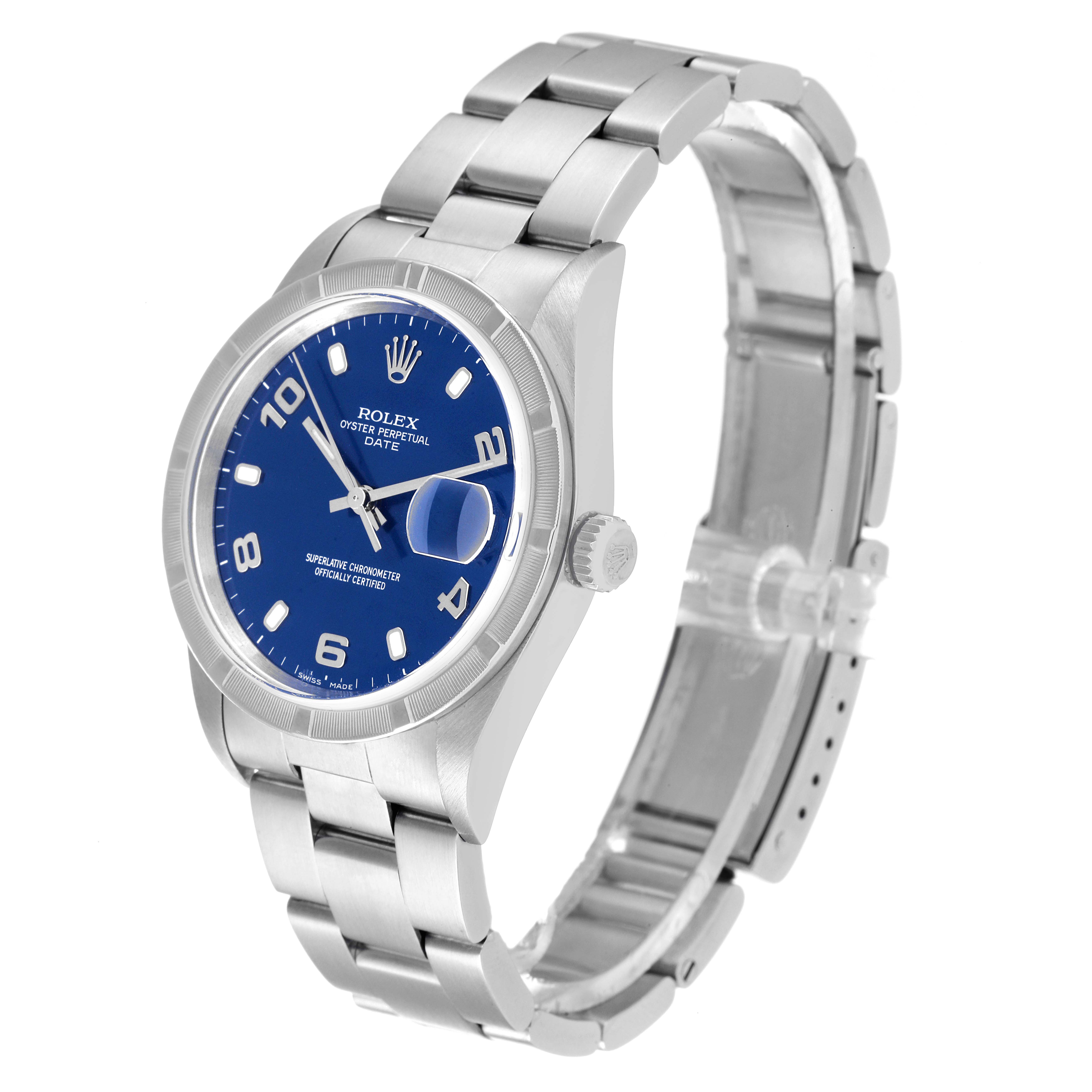 This image shows a Rolex Date 15210 Men's Stainless Steel Blue Dial 15210 Men's Stainless Steel Blue Dial model watch at an angled view, featuring the blue dial, stainless steel case, and bracelet.