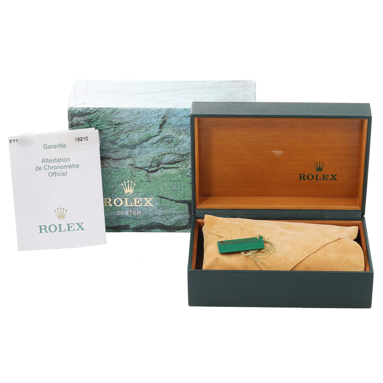 This image shows a Rolex Date 15210 Men's Stainless Steel Blue Dial 15210 Men's Stainless Steel Blue Dial model watch box and accessories, including the outer box, inner wooden box, and guarantee card.