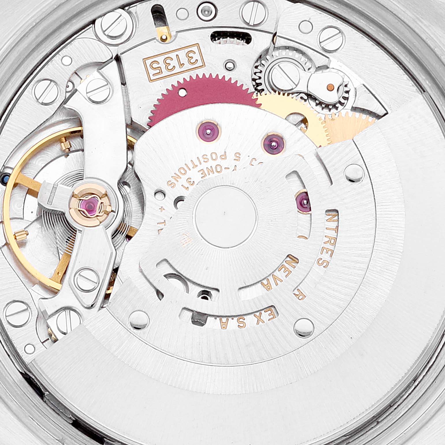 The image shows the internal movement mechanism of a Rolex Date 15210 Men's Stainless Steel Blue Dial 15210 Men's Stainless Steel Blue Dial model watch, specifically the rotor and balance wheel.