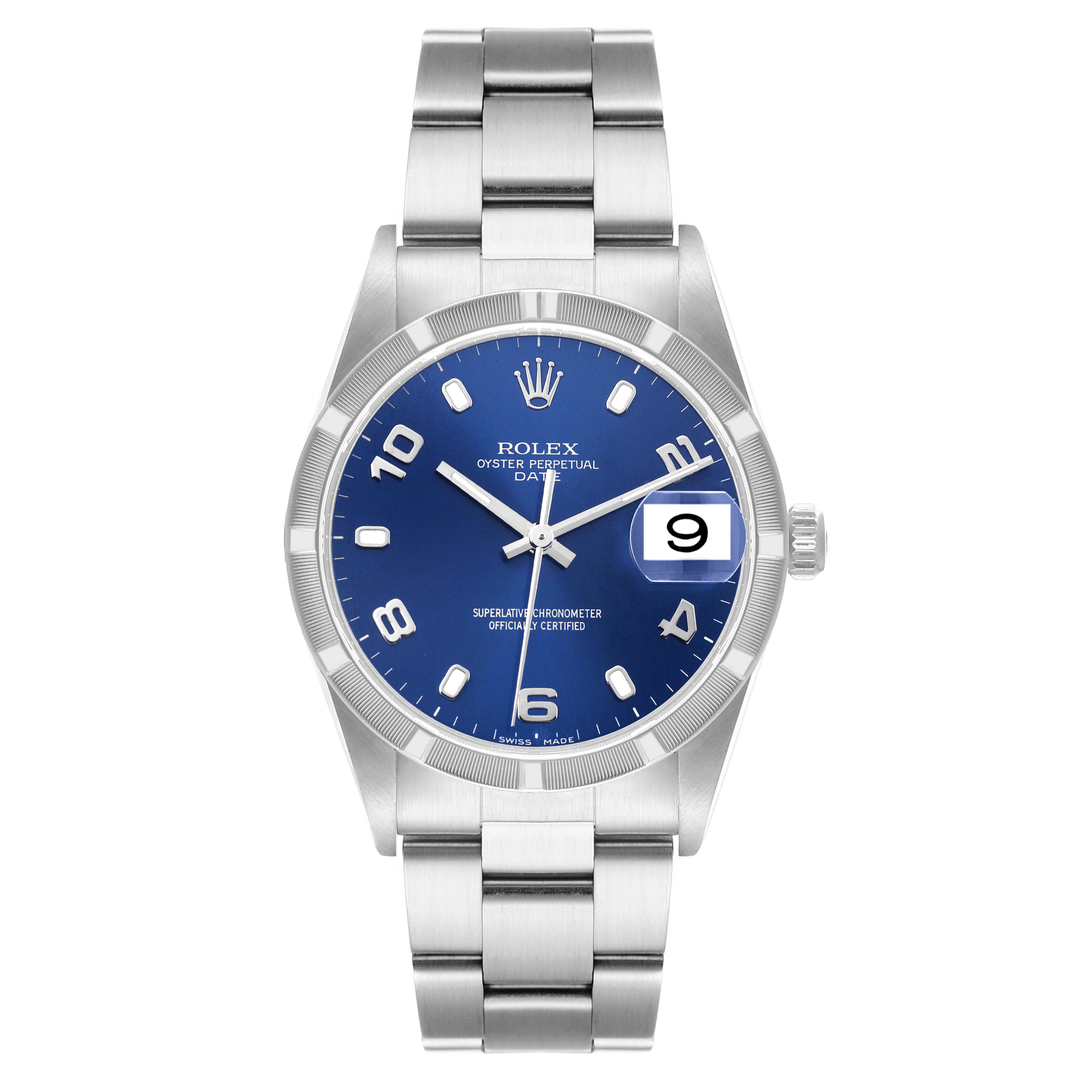 The image shows a front view of the Rolex Date 15210 Men's Stainless Steel Blue Dial 15210 Men's Stainless Steel Blue Dial model, highlighting its blue dial, stainless steel bracelet, and date window at 3 o'clock.