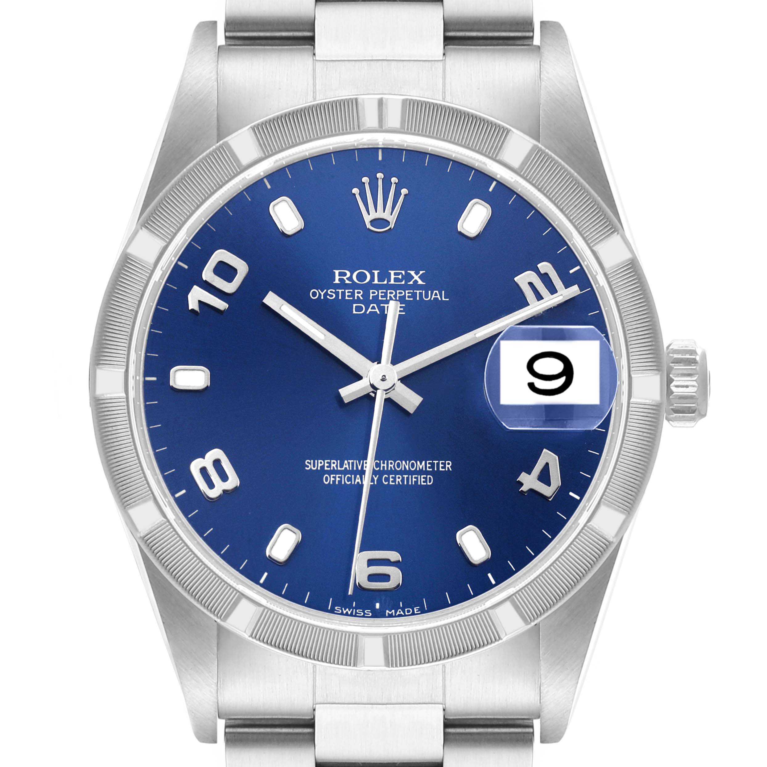 The image displays a front view of a Rolex Oyster Perpetual Date watch, highlighting its blue dial and date function at 3 o'clock.