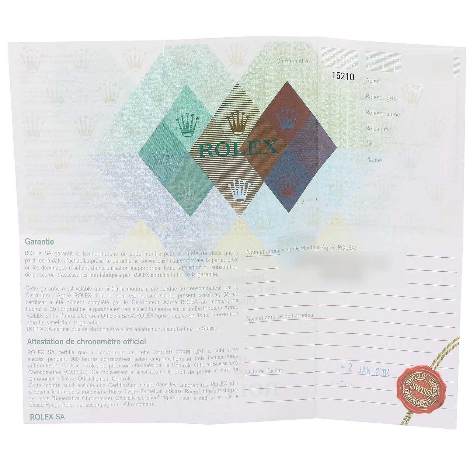 This image shows the warranty and certification card for a Rolex Date 15210 Men's Stainless Steel Blue Dial 15210 Men's Stainless Steel Blue Dial model watch.