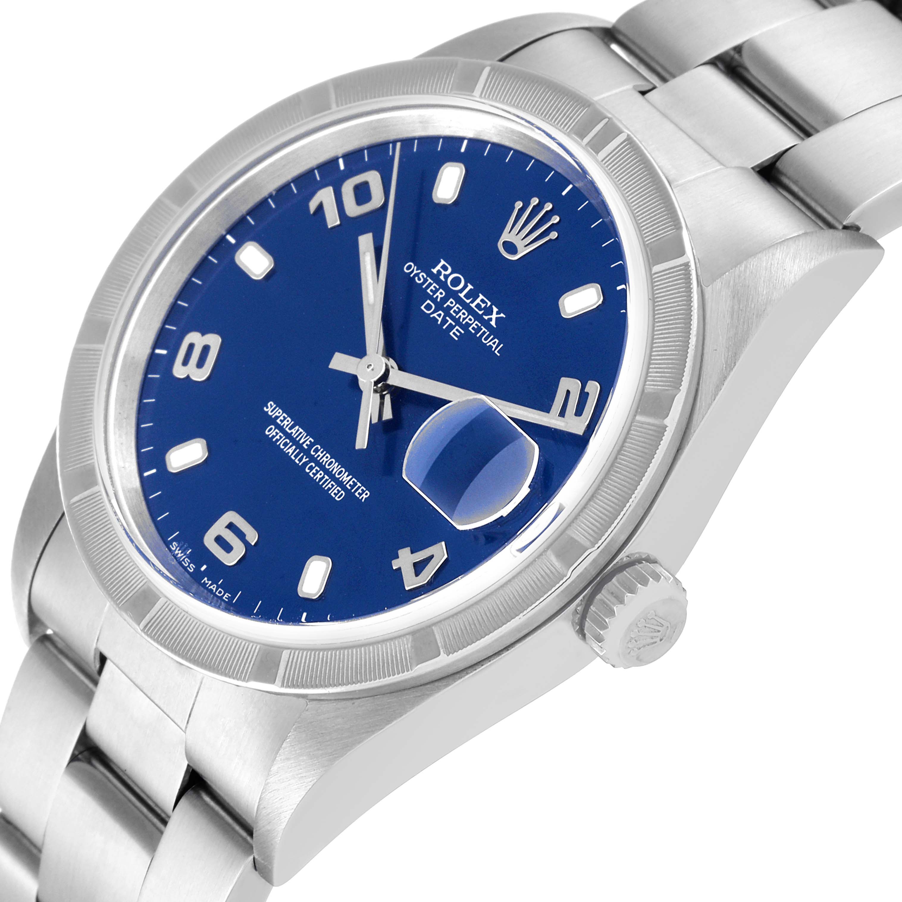 The Rolex Date 15210 Men's Stainless Steel Blue Dial 15210 Men's Stainless Steel Blue Dial model watch is shown at an angled close-up, focusing on its blue dial, bezel, crown, and part of the bracelet.