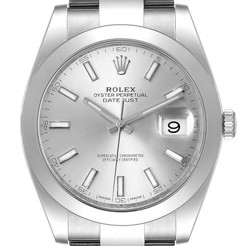 This image shows a close-up of the face and bezel of the Rolex Datejust 41 126300 Men's Stainless Steel Silver Dial 126300 Men's Stainless Steel Silver Dial, highlighting the dial, hour markers, and date window.