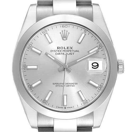 The Rolex Datejust 126300 Men's Stainless Steel Silver Dial 126300 Men's Stainless Steel Silver Dial watch is shown from a front angle, displaying the dial, bezel, and part of the bracelet.