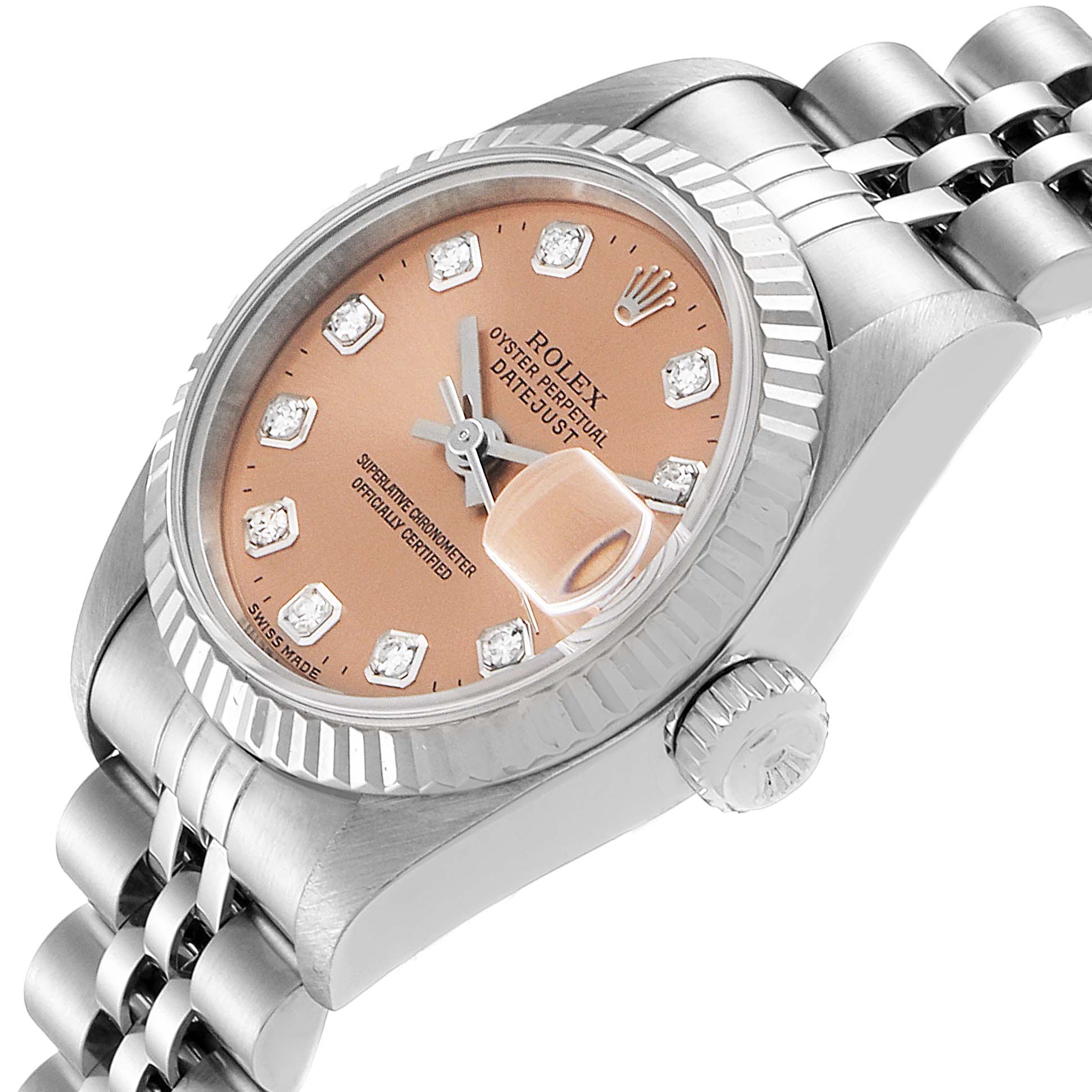 The image shows a close-up, angled view of the Rolex Datejust 69174 Women's Stainless Steel Pink Dial 69174 Women's Stainless Steel Pink Dial with a peach dial and diamond markers.