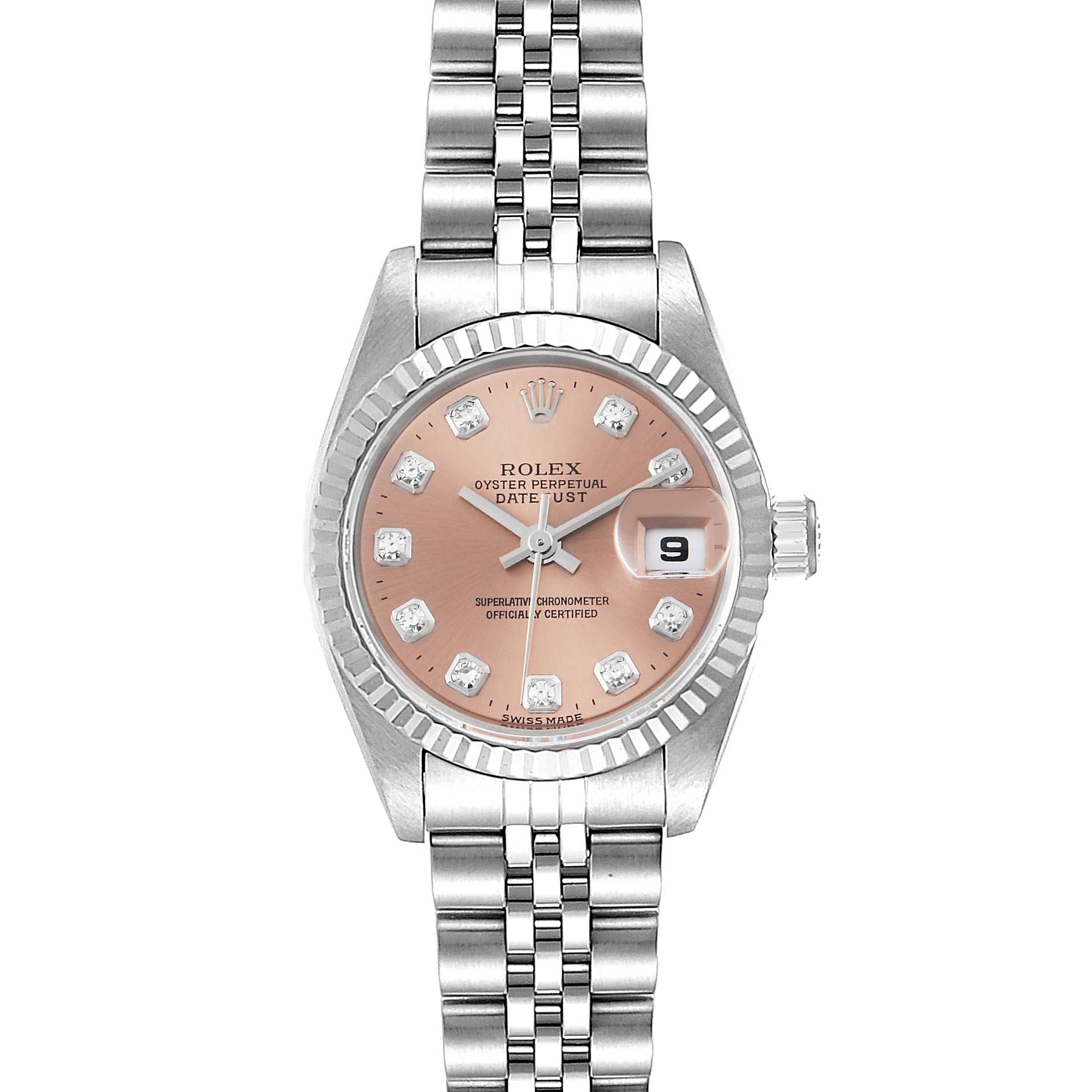 This image shows a frontal view of a Rolex Datejust 69174 Women's Stainless Steel Pink Dial 69174 Women's Stainless Steel Pink Dial watch featuring a pink dial and a stainless steel bracelet.