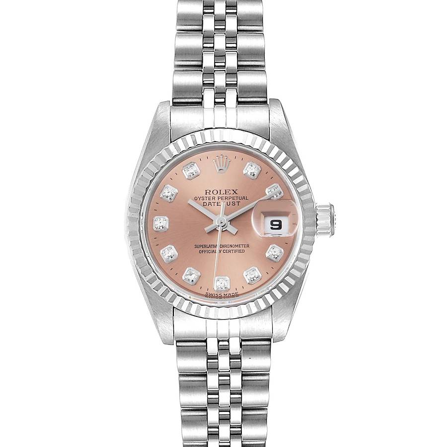 This image shows a frontal view of a Rolex Datejust 69174 Women's Stainless Steel Pink Dial 69174 Women's Stainless Steel Pink Dial watch featuring a pink dial and a stainless steel bracelet.