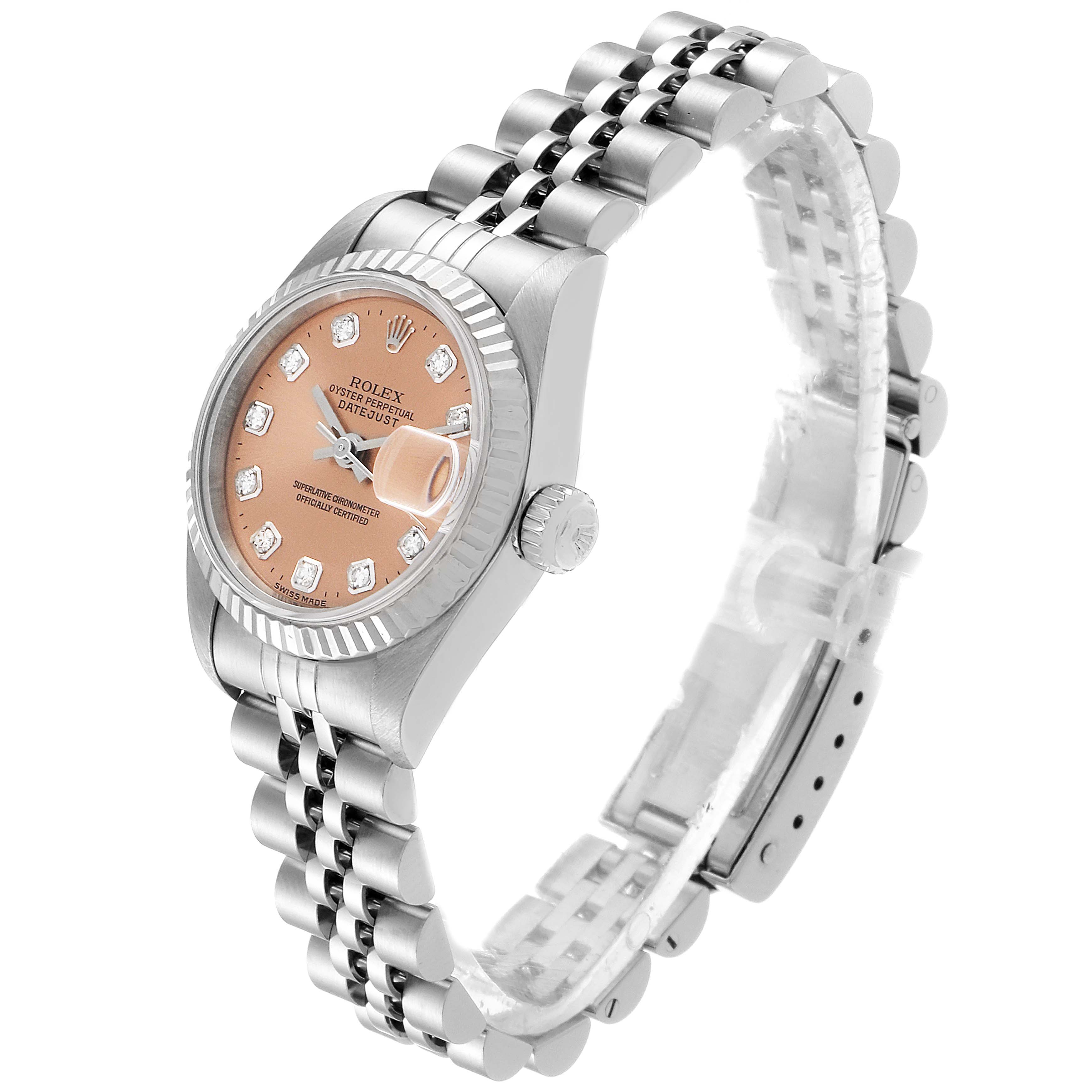 This image shows a side view of a Rolex Datejust 69174 Women's Stainless Steel Pink Dial 69174 Women's Stainless Steel Pink Dial watch, highlighting the dial, bezel, crown, and bracelet.