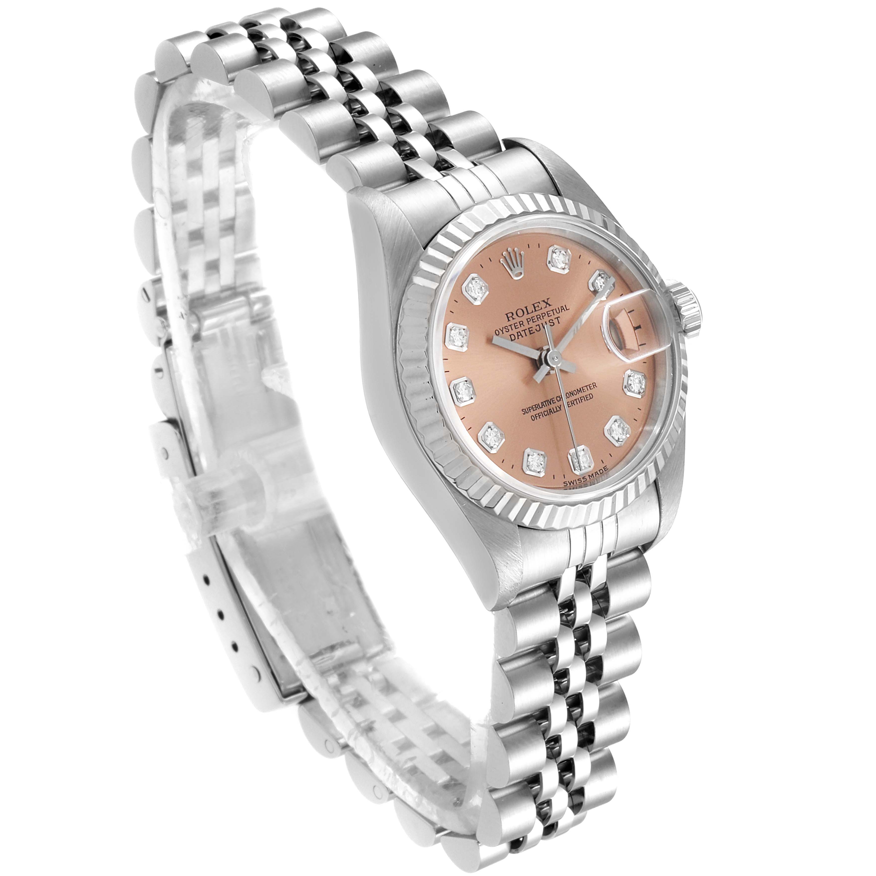The Rolex Datejust 69174 Women's Stainless Steel Pink Dial 69174 Women's Stainless Steel Pink Dial watch is angled to show the face, bezel, crown, and bracelet with a clear view of the dial and hands.