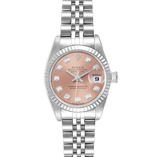 This image shows a frontal view of a Rolex Datejust 69174 Women's Stainless Steel Pink Dial 69174 Women's Stainless Steel Pink Dial watch, highlighting its dial, bezel, and bracelet.