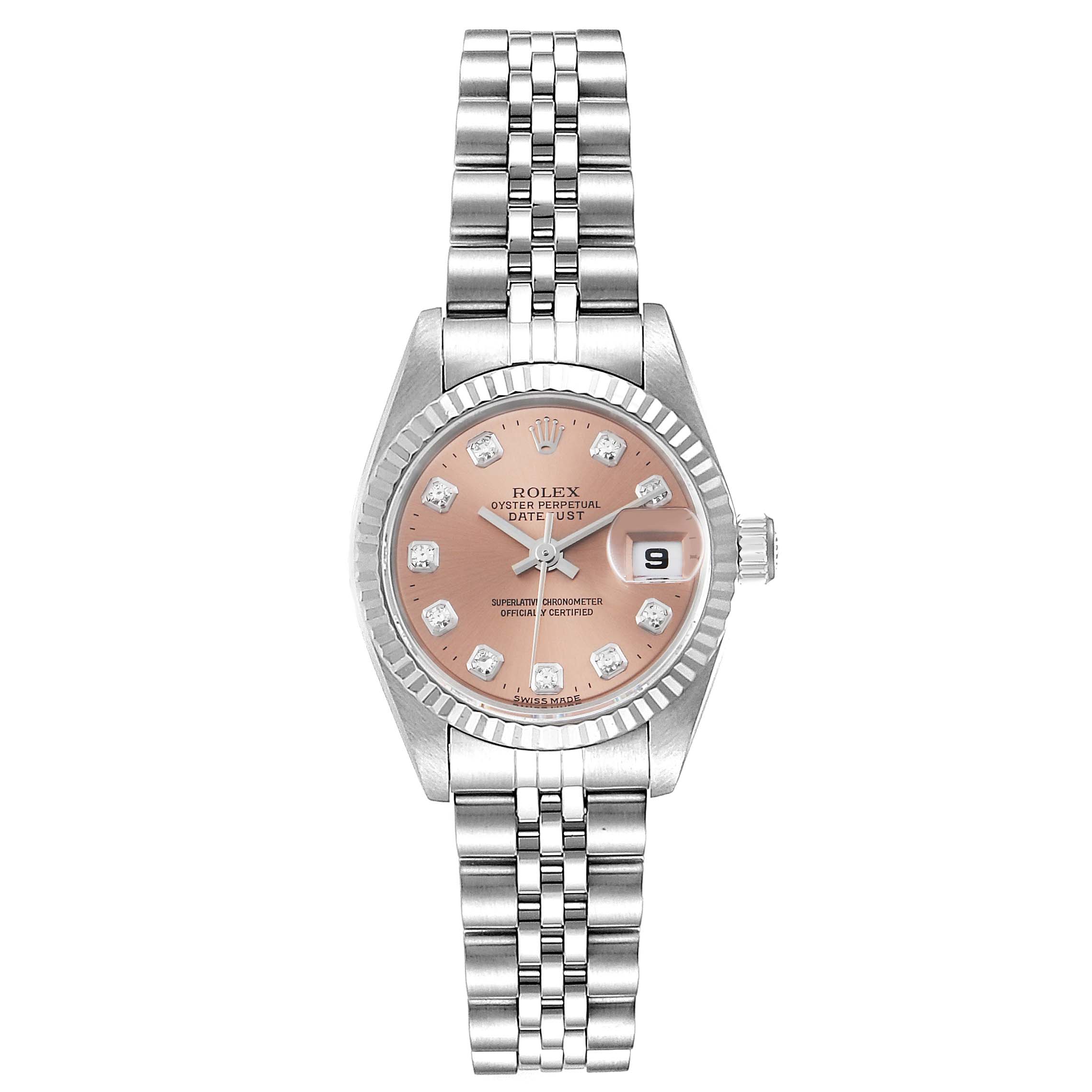 This image shows a Rolex Datejust 69174 Women's Stainless Steel Pink Dial 69174 Women's Stainless Steel Pink Dial watch viewed from the front, displaying the dial, bezel, bracelet, and date window.
