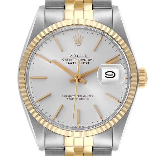 The Rolex Vintage Collection 16013 Men's Steel and Gold (two tone) Silver Dial 16013 Men's Steel and Gold (two tone) Silver Dial watch is shown from the front, displaying its face, bezel, crown, and part of the bracelet.