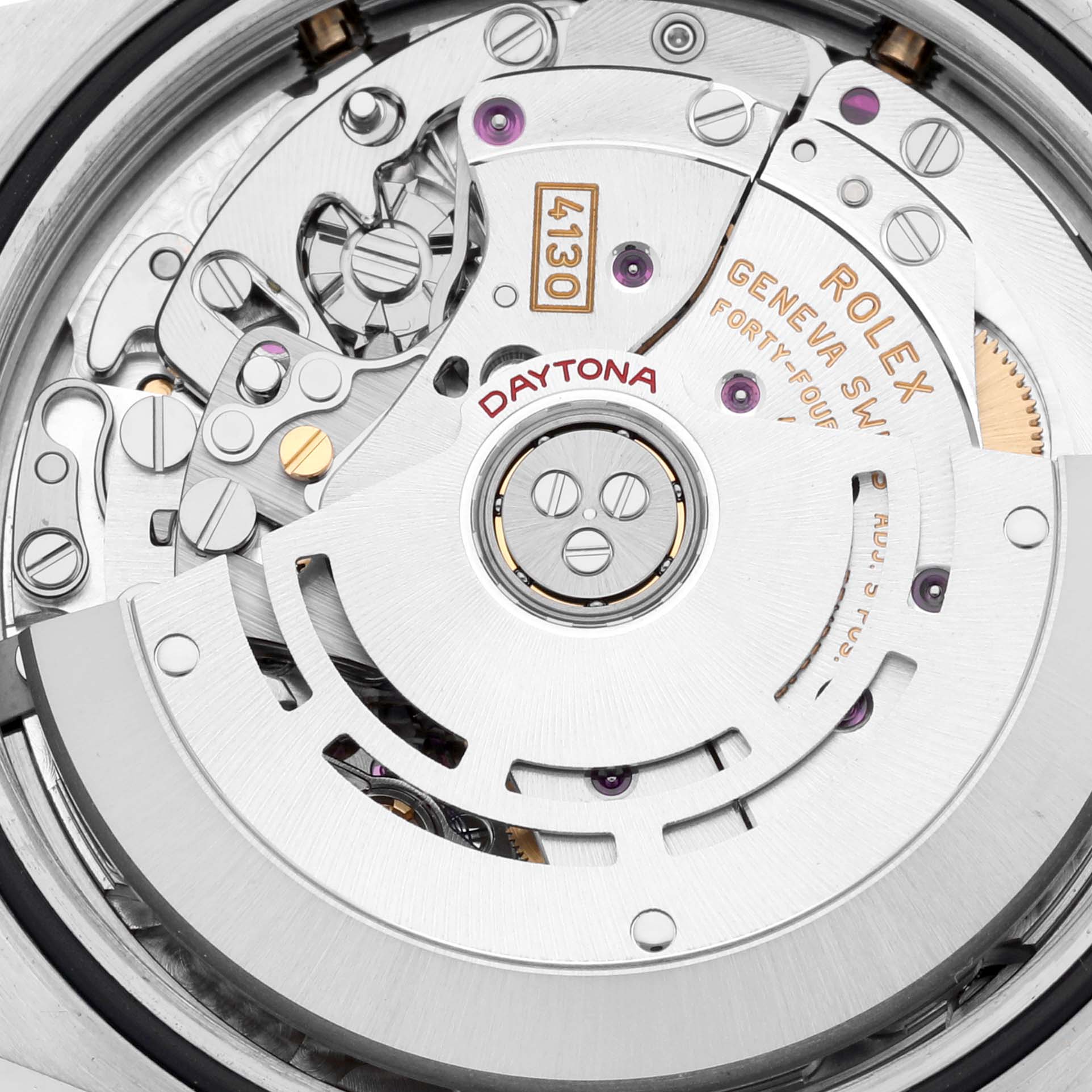This image shows the movement of a Rolex Daytona 116503 Men's Steel and Gold (two tone) Black Dial 116503 Men's Steel and Gold (two tone) Black Dial watch from a close-up top angle, highlighting its intricate mechanical parts.