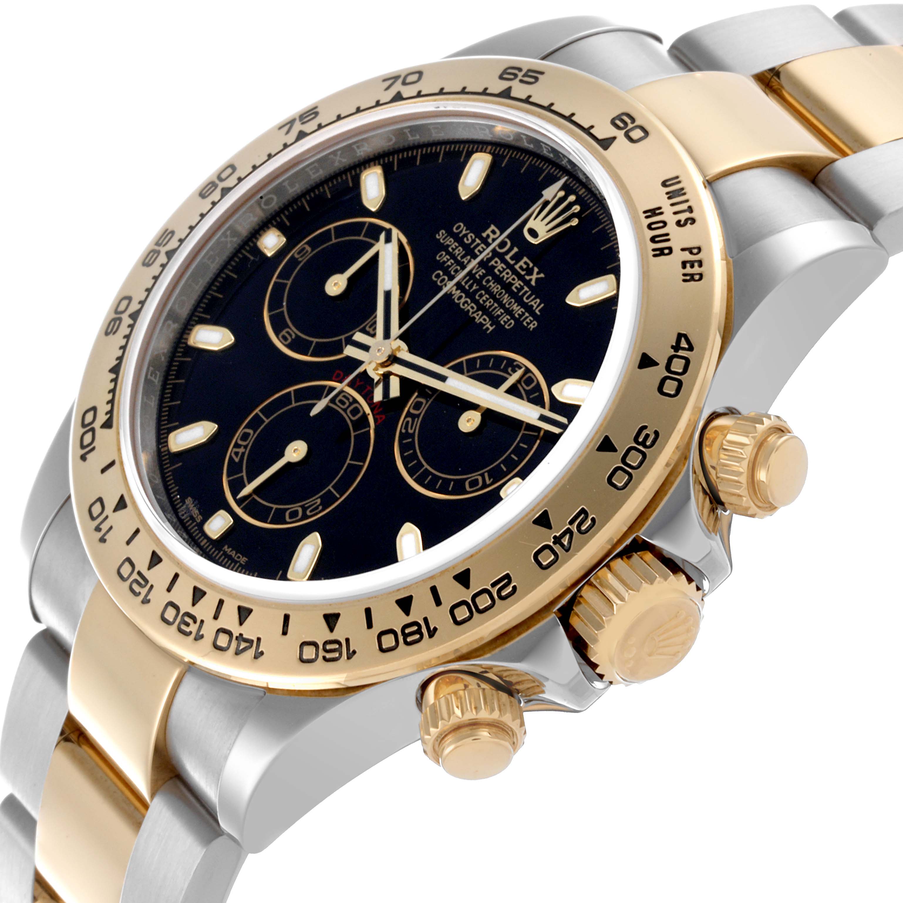 The Rolex Daytona 116503 Men's Steel and Gold (two tone) Black Dial 116503 Men's Steel and Gold (two tone) Black Dial watch is shown at an angled side view, highlighting the bezel, dial, and crown.