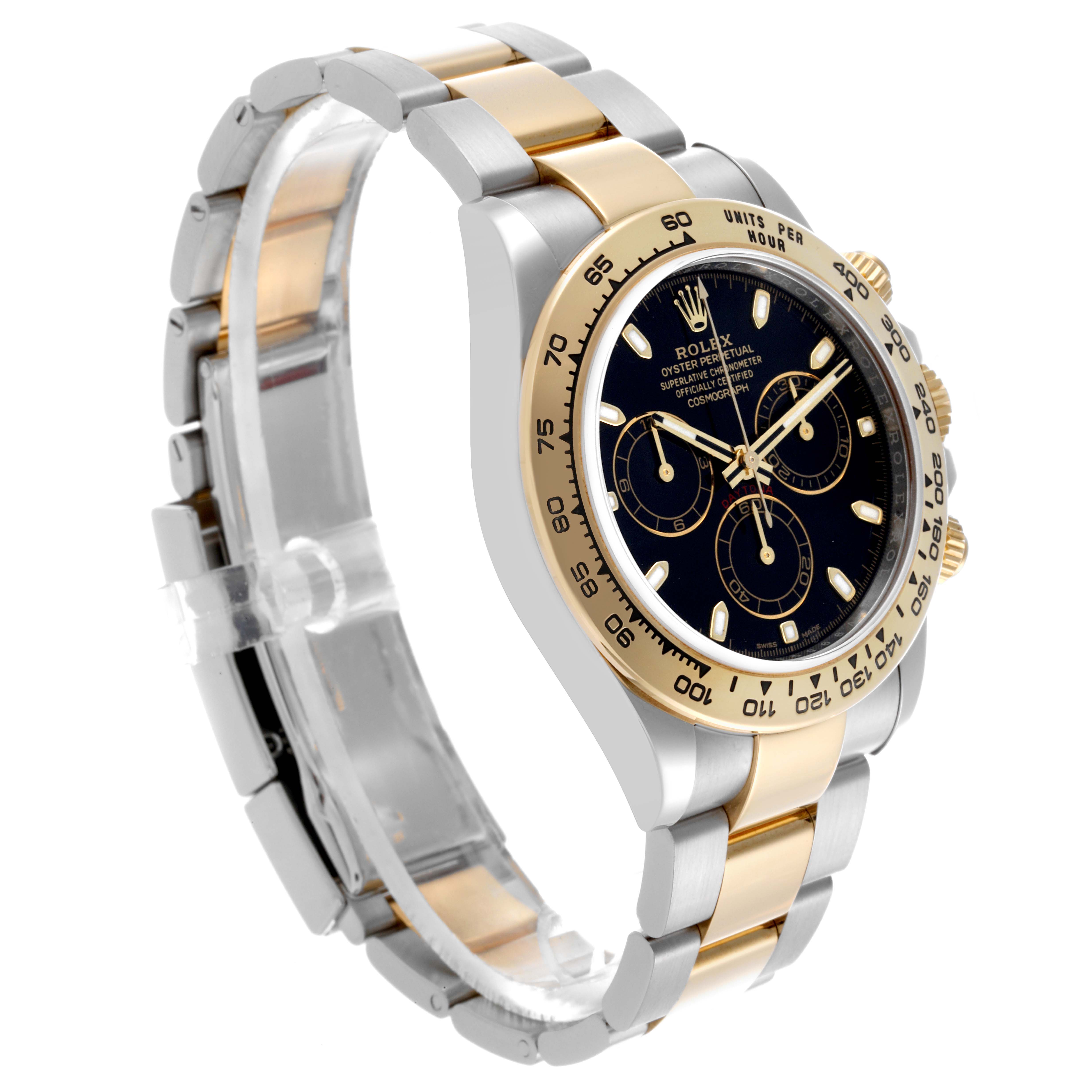 The image shows a Rolex Daytona 116503 Men's Steel and Gold (two tone) Black Dial 116503 Men's Steel and Gold (two tone) Black Dial watch angled to display the face, bezel, and bracelet.