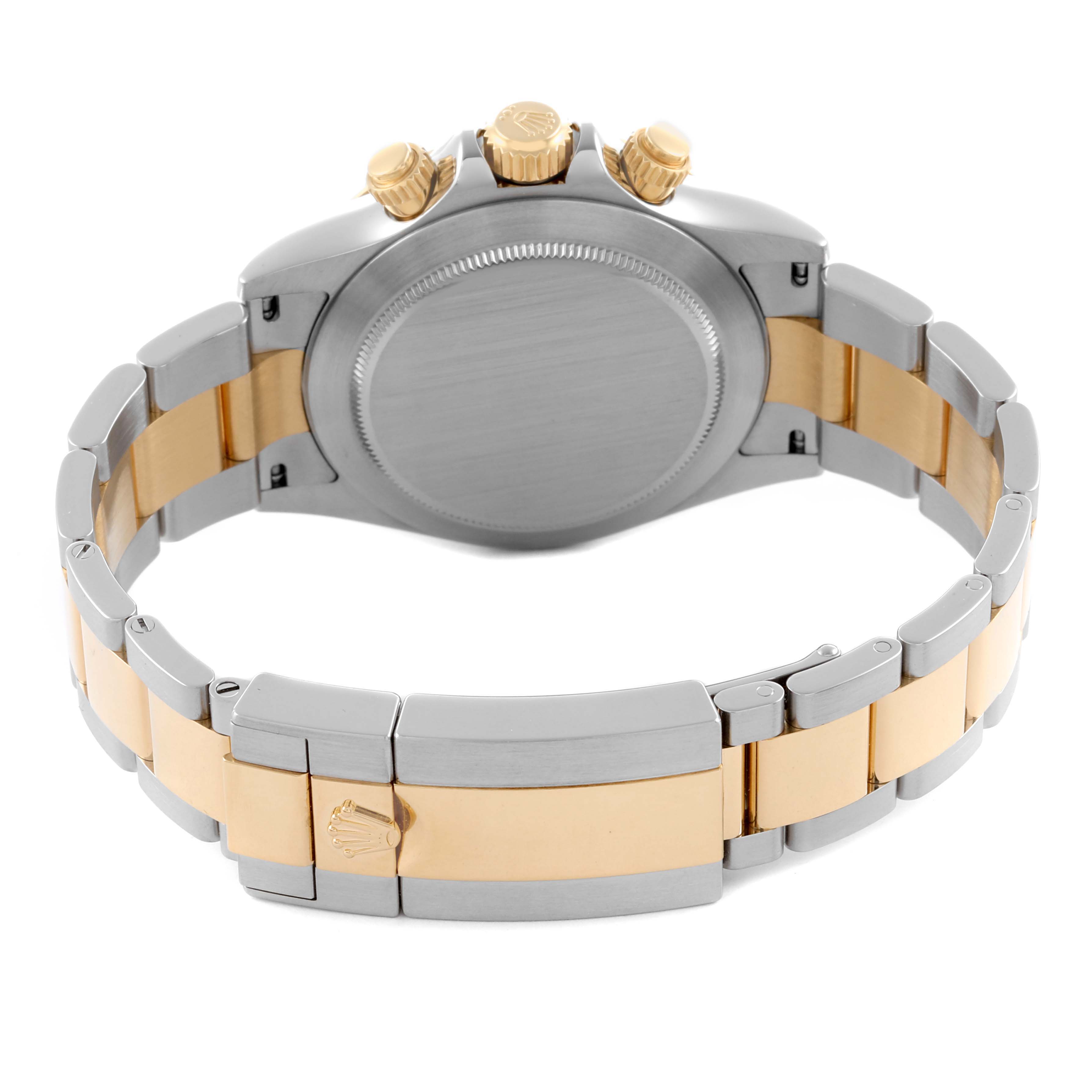 The Rolex Daytona 116503 Men's Steel and Gold (two tone) Black Dial 116503 Men's Steel and Gold (two tone) Black Dial watch is shown from the back, featuring its case, crown, and bracelet with gold and silver links.