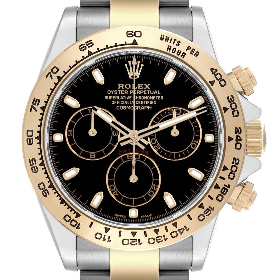 The Rolex Daytona 116503 Men's Steel and Gold (two tone) Black Dial 116503 Men's Steel and Gold (two tone) Black Dial watch is shown from the front, displaying its black dial, gold bezel, and chronograph features.