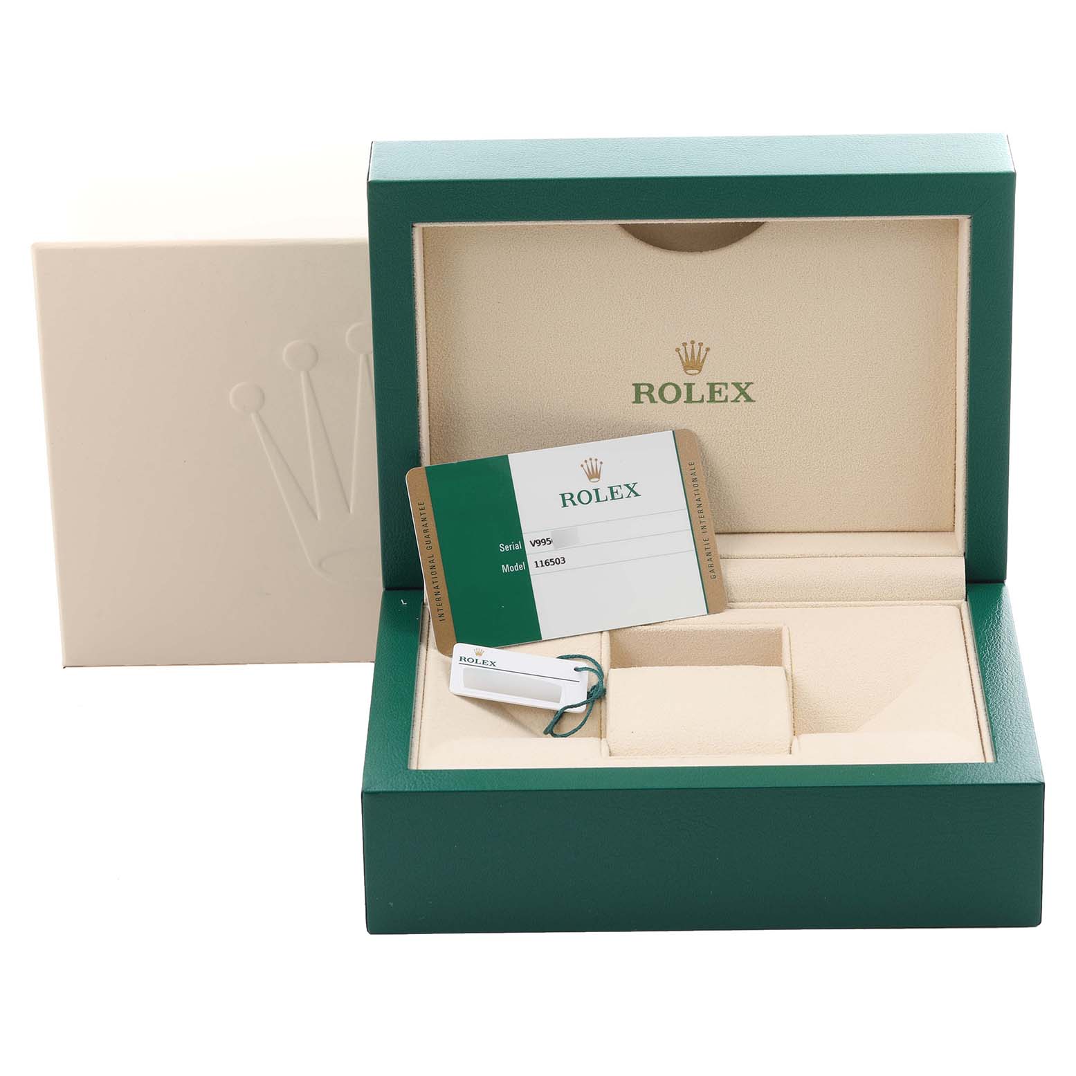 The image shows an open Rolex Daytona 116503 Men's Steel and Gold (two tone) Black Dial 116503 Men's Steel and Gold (two tone) Black Dial watch box with its accessories, including a card and a tag.