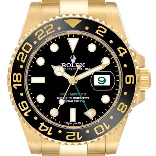 The Rolex GMT-Master 116718LN Men's Yellow Gold Black Dial 116718LN Men's Yellow Gold Black Dial watch is shown from a front angle, highlighting the dial, bezel, and crown.
