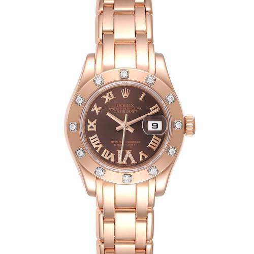 The image shows a front view of the Rolex Pearlmaster 80315 Women's Rose Gold Brown Dial 80315 Women's Rose Gold Brown Dial watch, displaying the dial, bezel, date window, and bracelet.