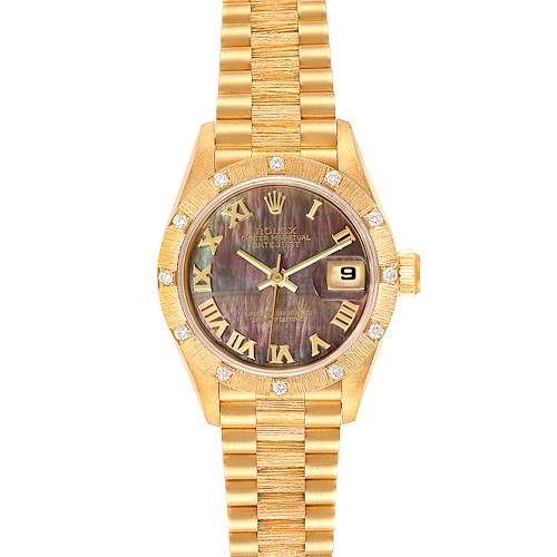The image shows a Rolex President 69288 Women's Yellow Gold Mother of Pearl Dial 69288 Women's Yellow Gold Mother of Pearl Dial model watch viewed from the front, displaying the dial, bezel, and bracelet.