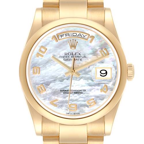 The Rolex President 118208 Men's Yellow Gold Mother of Pearl Dial 118208 Men's Yellow Gold Mother of Pearl Dial model is shown from a front angle, highlighting the dial, case, and bracelet.